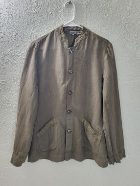 CP Shades Sz M Pure Irish Linen Stand Collar Shirt Jacket Olive Green Lace